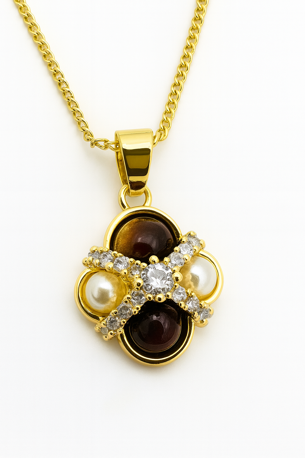 Gold-Plated Tiger Eye & Pearl Pendant Necklace Set with CZ Crisscross Design