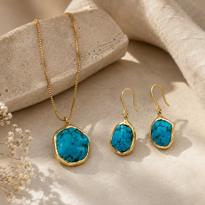 18K Gold Plated Turquoise Stone Necklace & Earrings Set