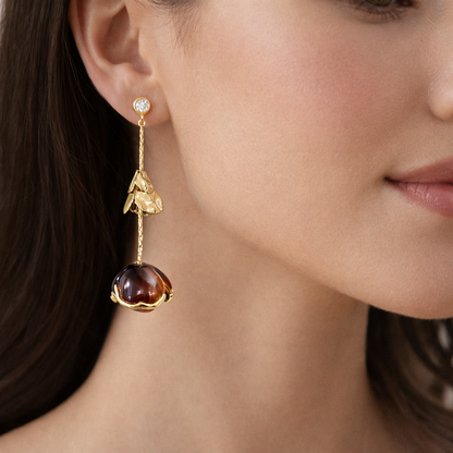 Amber Floral Gold Drop Earrings with Crystal Stud
