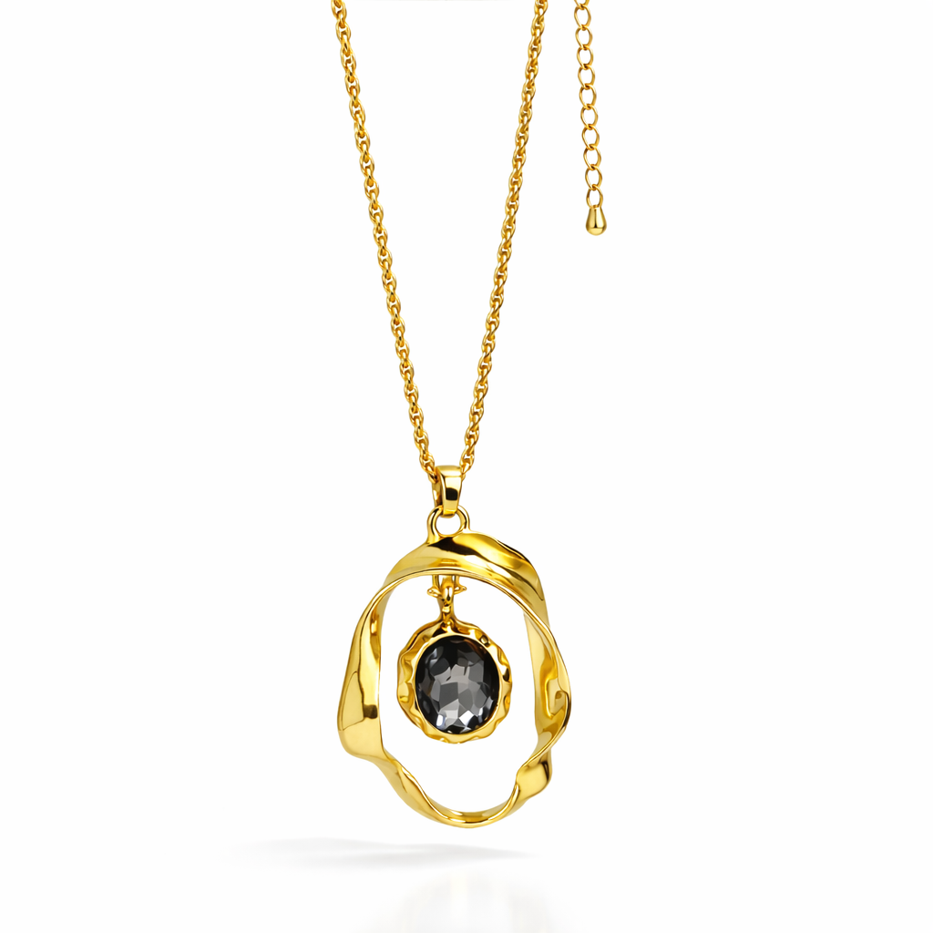 Jinam designer black crystal pendant necklace set with gold plating and anti-tarnish finish, featuring a elegant crystal pendant.