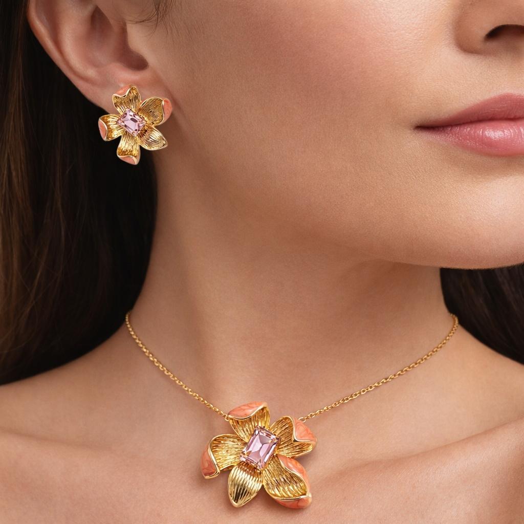 Designer Gold Finish Flower Pendant & Stud Earrings Set