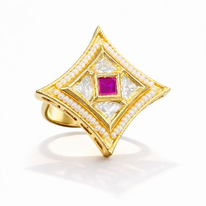 Regal Ruby Square Kundan Ring in Gold-Tone Finish