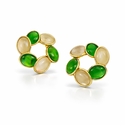 Elegant Dual-Tone Green & Beige Oval Stone Pendant & Earrings