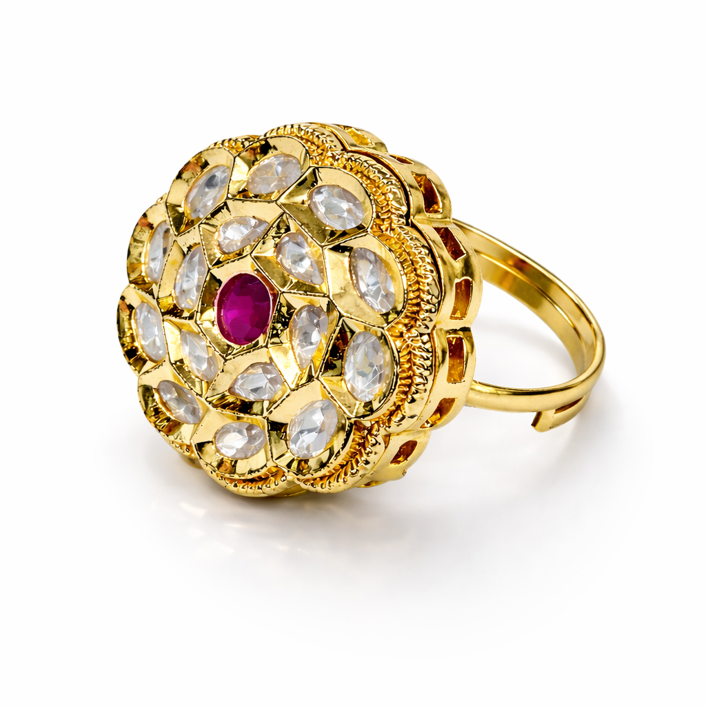 Royal Ruby Polki Floral Ring in Antique Gold Finish