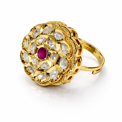 Royal Ruby Polki Floral Ring in Antique Gold Finish