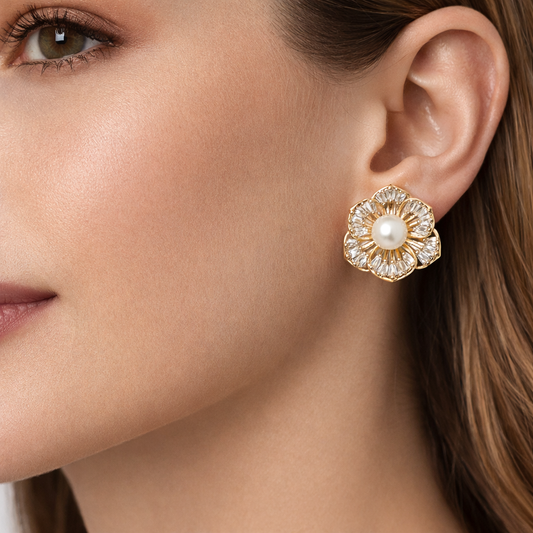 Classic Floral Pearl & Crystal Stud Earrings