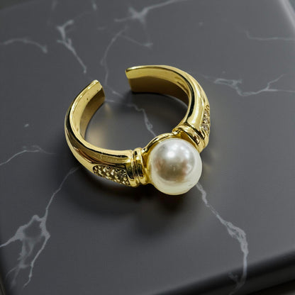 Gold-Plated Adjustable Pearl & Crystal Ring