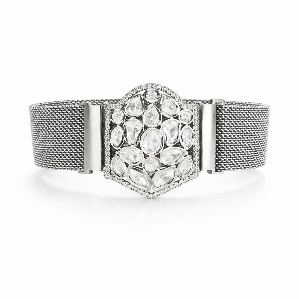 Silver Radiance Magnetic Mesh Bracelet by Jinam featuring a sleek, woven metal design with magnetic clasp for stylish wear.
