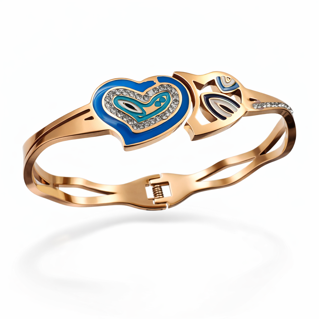 Rose Gold Heart & Paisley Enamel Bracelet with Crystal Accents