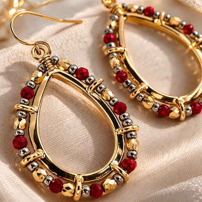 Red Crystal Beaded Open Teardrop Hoop Earrings in Gold-Tone