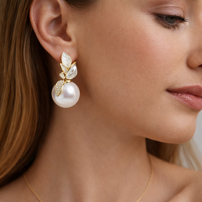 Pearl Drop Leaf Gold Earrings