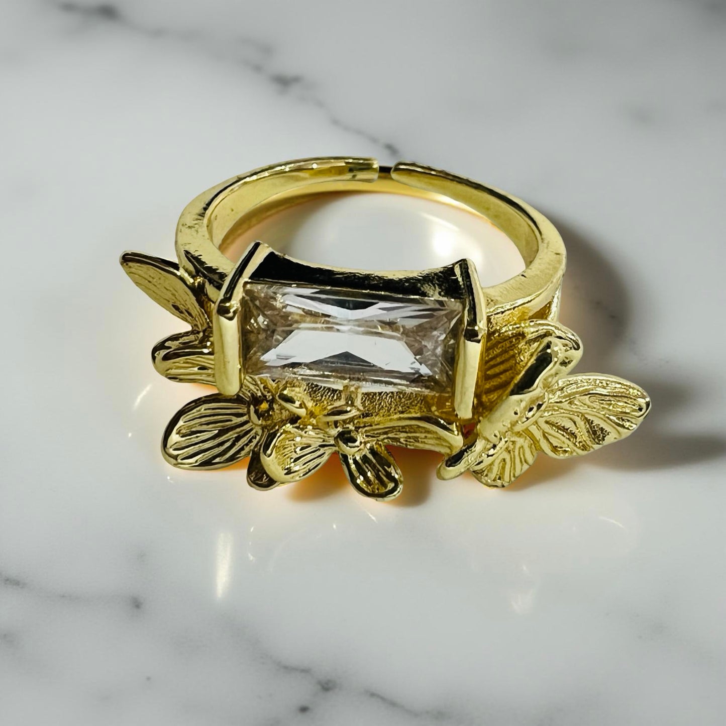 Butterfly Garden Statement Ring with Rectangle Crystal - Adjustable Gold Finish