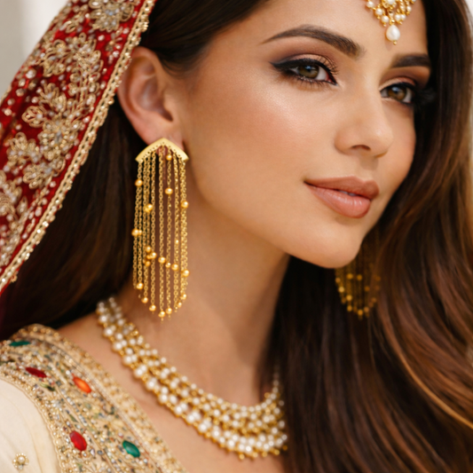 Gold Chain Tassel Fringe Earrings with Ball Drops