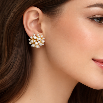 Pearl Burst Diamond Accent Gold Earrings