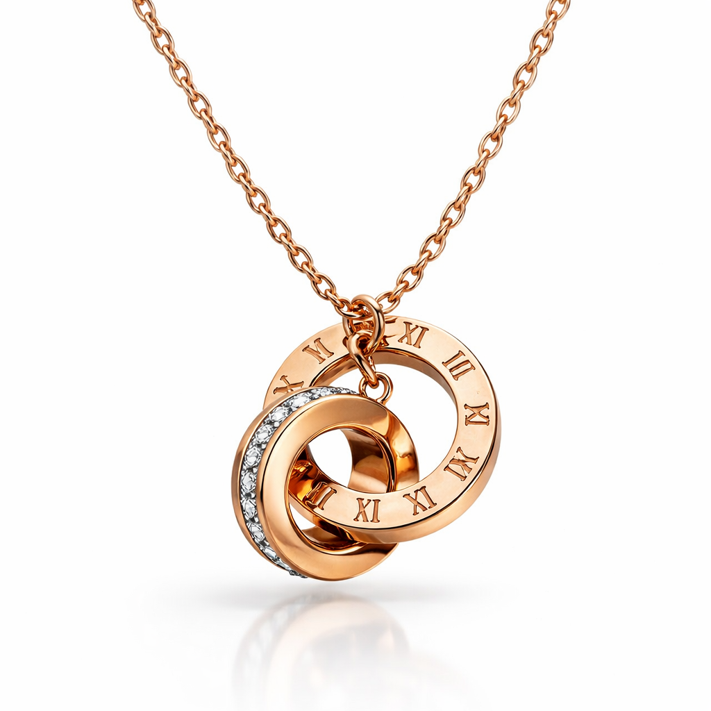 Rose Gold Interlocked Circle Pendant Necklace with Roman Numerals & CZ Stones