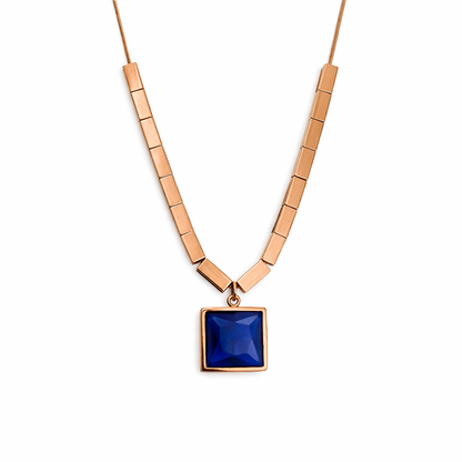 Rose Gold Geometric Blue Stone Square Pendant Necklace