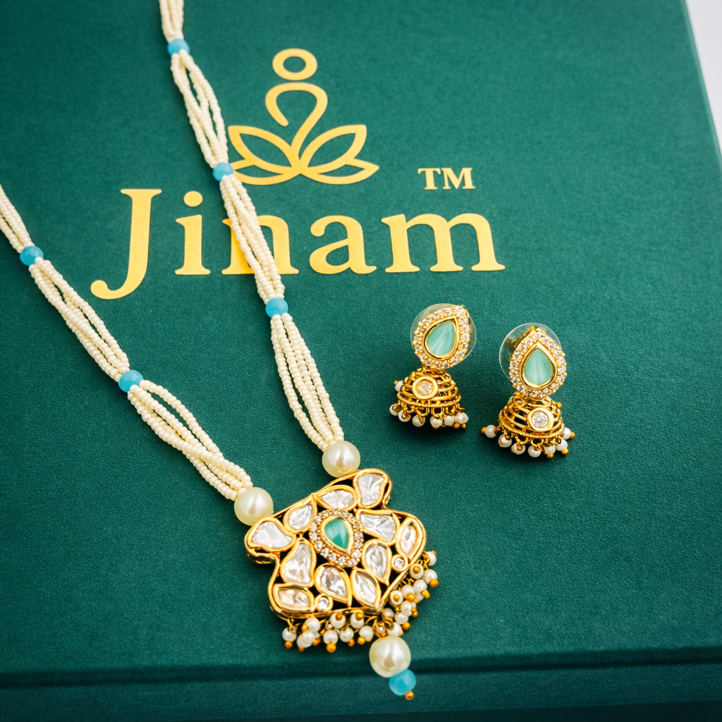Aqua Kundan Pearl Handcrafted Necklace Set with Jhumkas