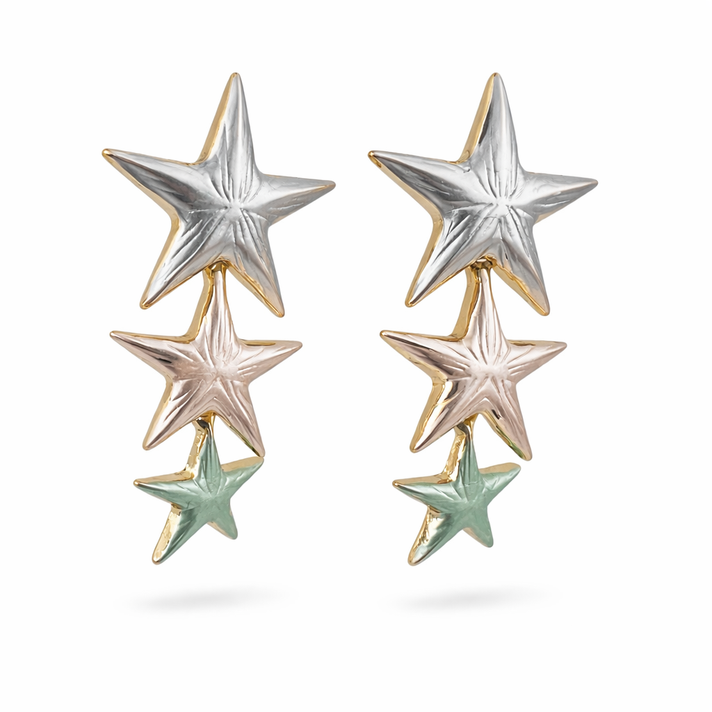 Tri-Tone Triple Star Cascade Drop Earrings in Silver, Rose Gold & Mint