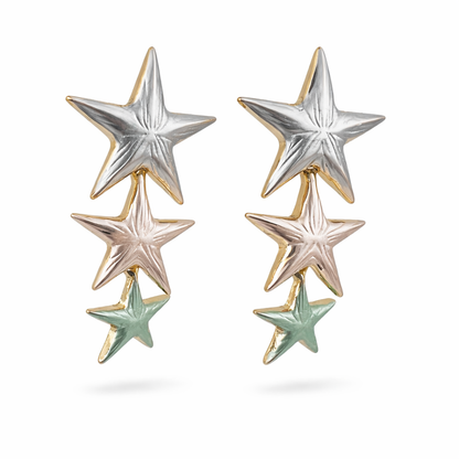 Tri-Tone Triple Star Cascade Drop Earrings in Silver, Rose Gold & Mint