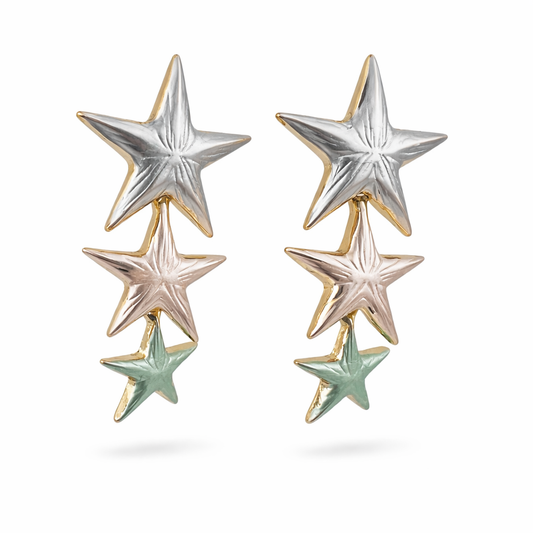 Tri-Tone Triple Star Cascade Drop Earrings in Silver, Rose Gold & Mint