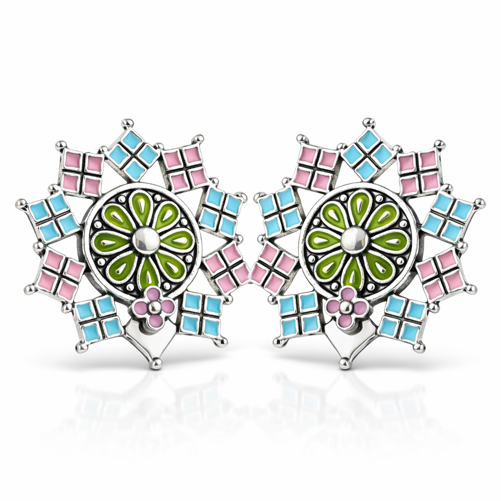 Pastel Enamel Geometric Snowflake Stud Earrings with Floral Centre