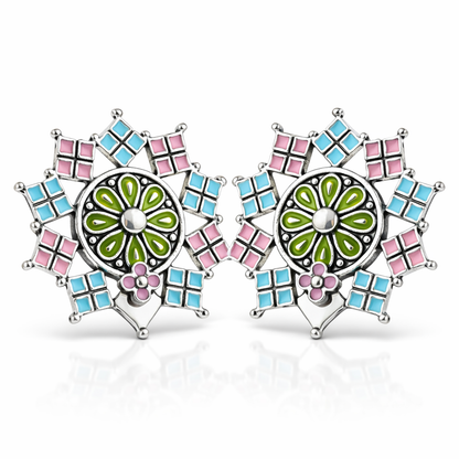 Pastel Enamel Geometric Snowflake Stud Earrings with Floral Centre
