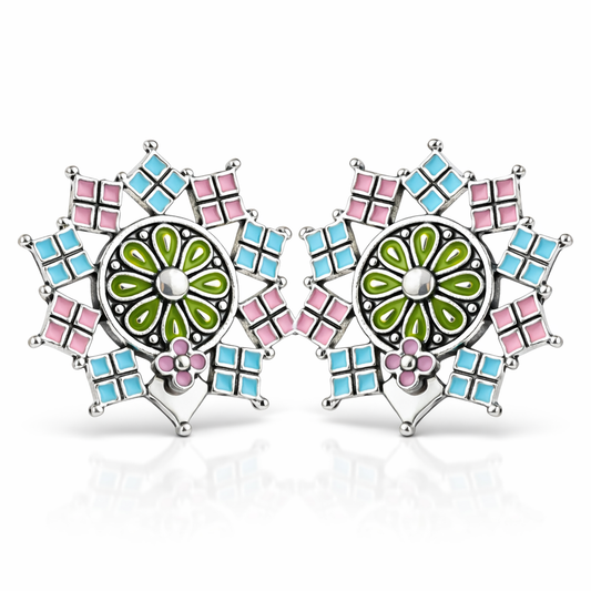 Pastel Enamel Geometric Snowflake Stud Earrings with Floral Centre