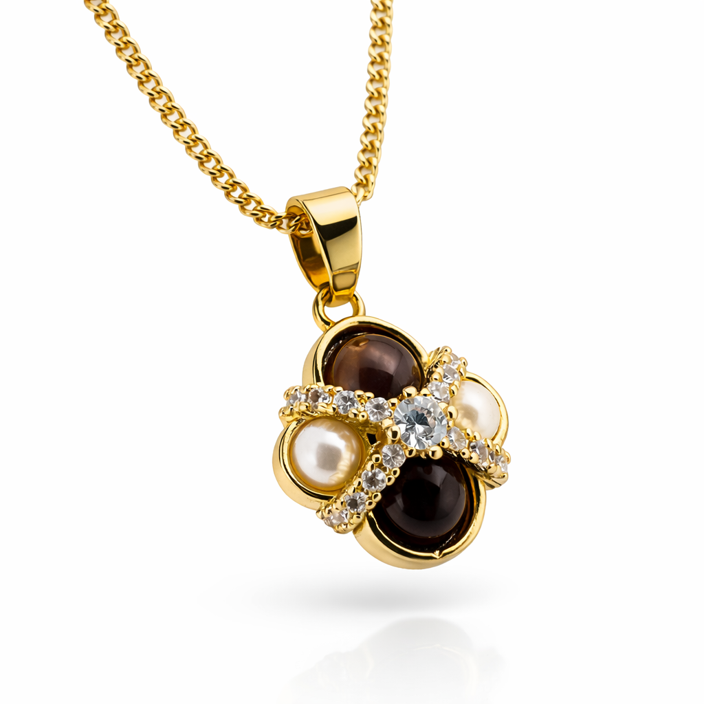 Gold-plated tiger eye and pearl pendant necklace set with CZ crisscross design, featuring a stylish and elegant jewelry piece from Jinam.