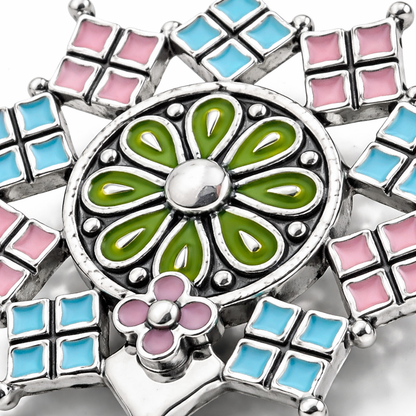Pastel Enamel Geometric Snowflake Stud Earrings with Floral Centre