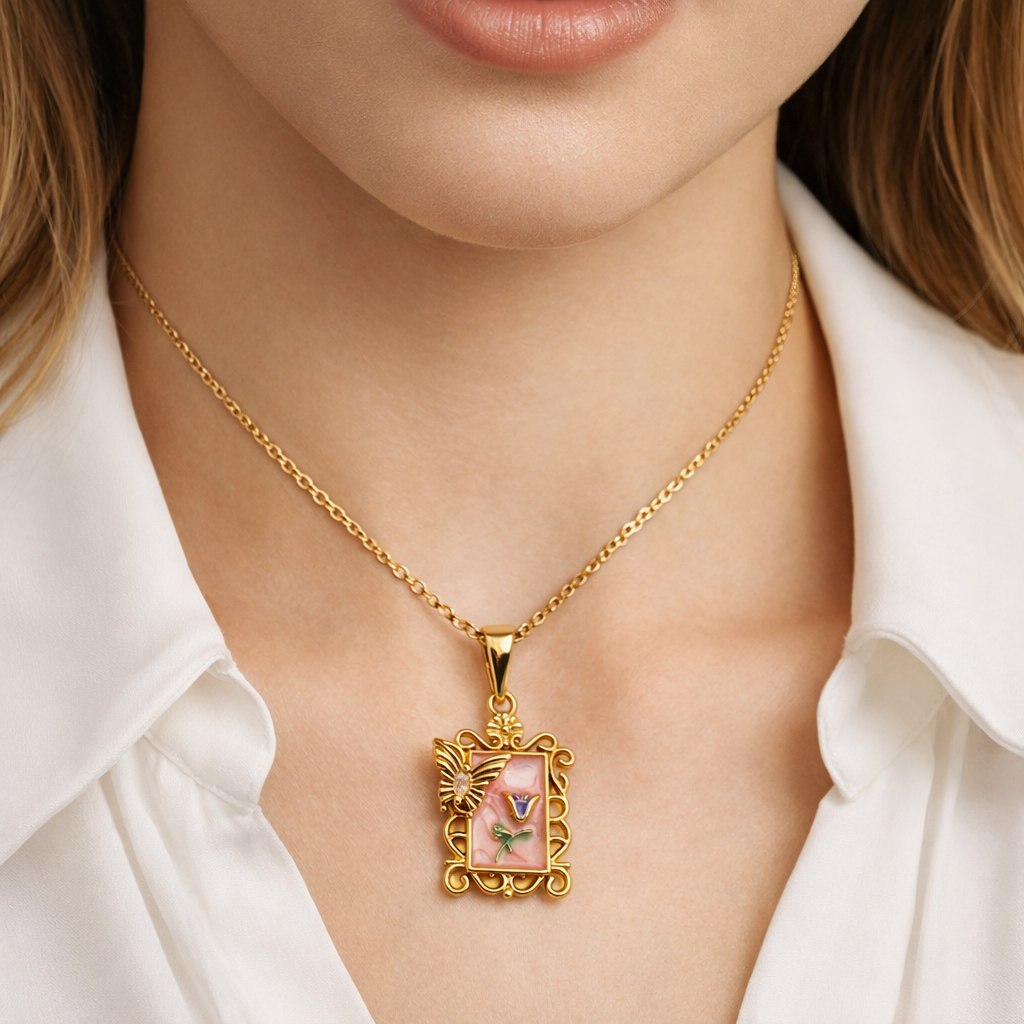 Peach Blossom Butterfly Frame Pendant Chain