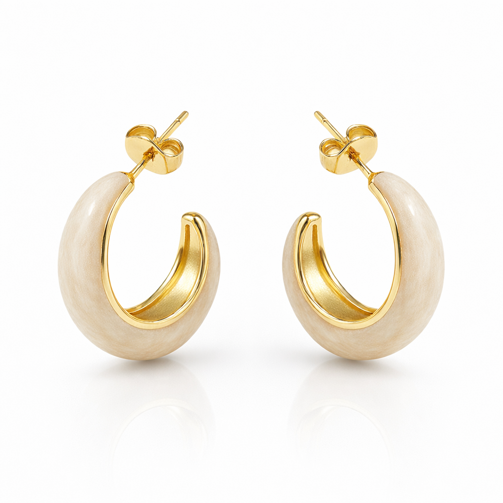 Beige enamel chunky hoop earrings by Jinam, large circular metal earrings with smooth beige enamel finish.