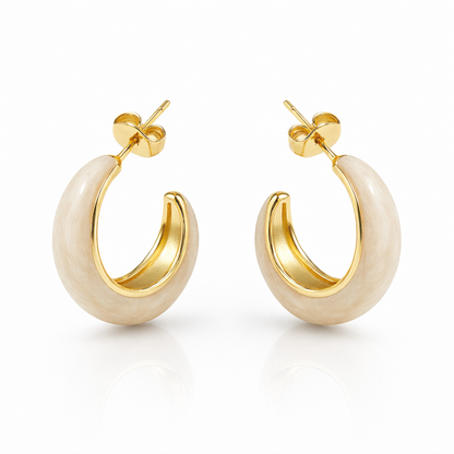 Beige enamel chunky hoop earrings by Jinam, large circular metal earrings with smooth beige enamel finish.