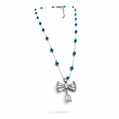 Turquoise Beaded Bow Crystal Drop Necklace