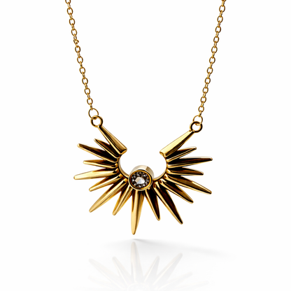Gold Sunburst Pendant Necklace with Crystal