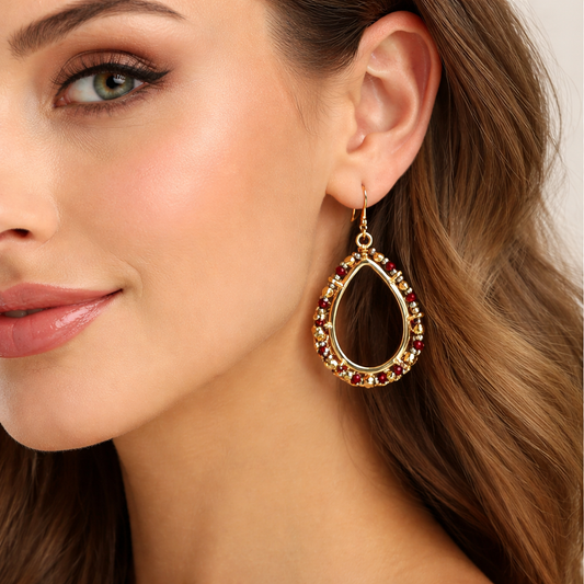 Red Crystal Beaded Open Teardrop Hoop Earrings in Gold-Tone