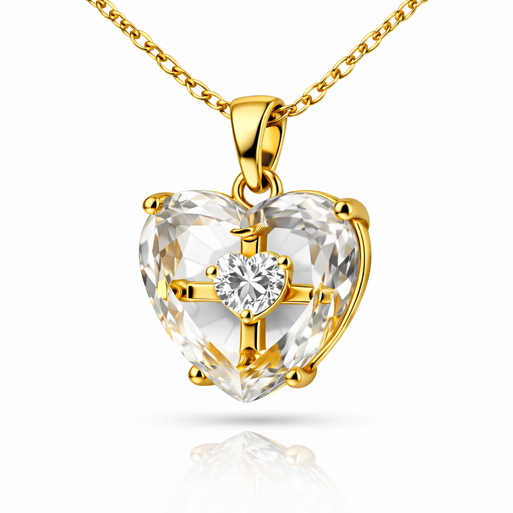 Crystal Heart Pendant Necklace with Gold Cross & CZ Accent
