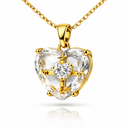Crystal Heart Pendant Necklace with Gold Cross & CZ Accent