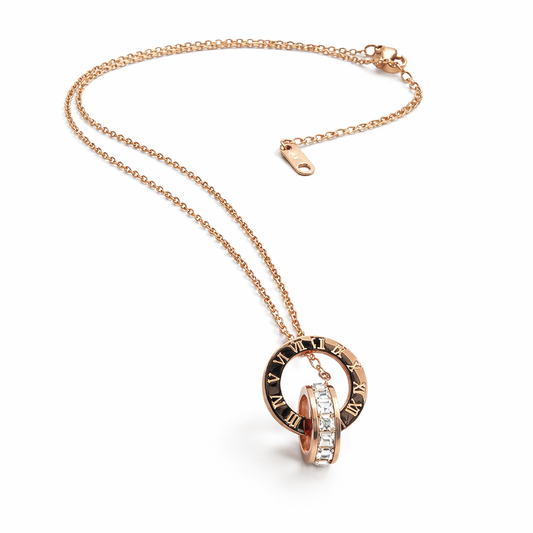 Rose Gold Interlocked Circle Pendant Necklace with Roman Numerals & CZ Stones