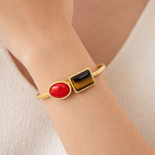 Gold Jinam bracelet featuring dual-stone statement design with intricate detailing and adjustable fit.