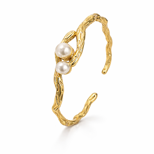 Elegant Gold Textured Open Cuff Bracelet with Dual Pearl Accent