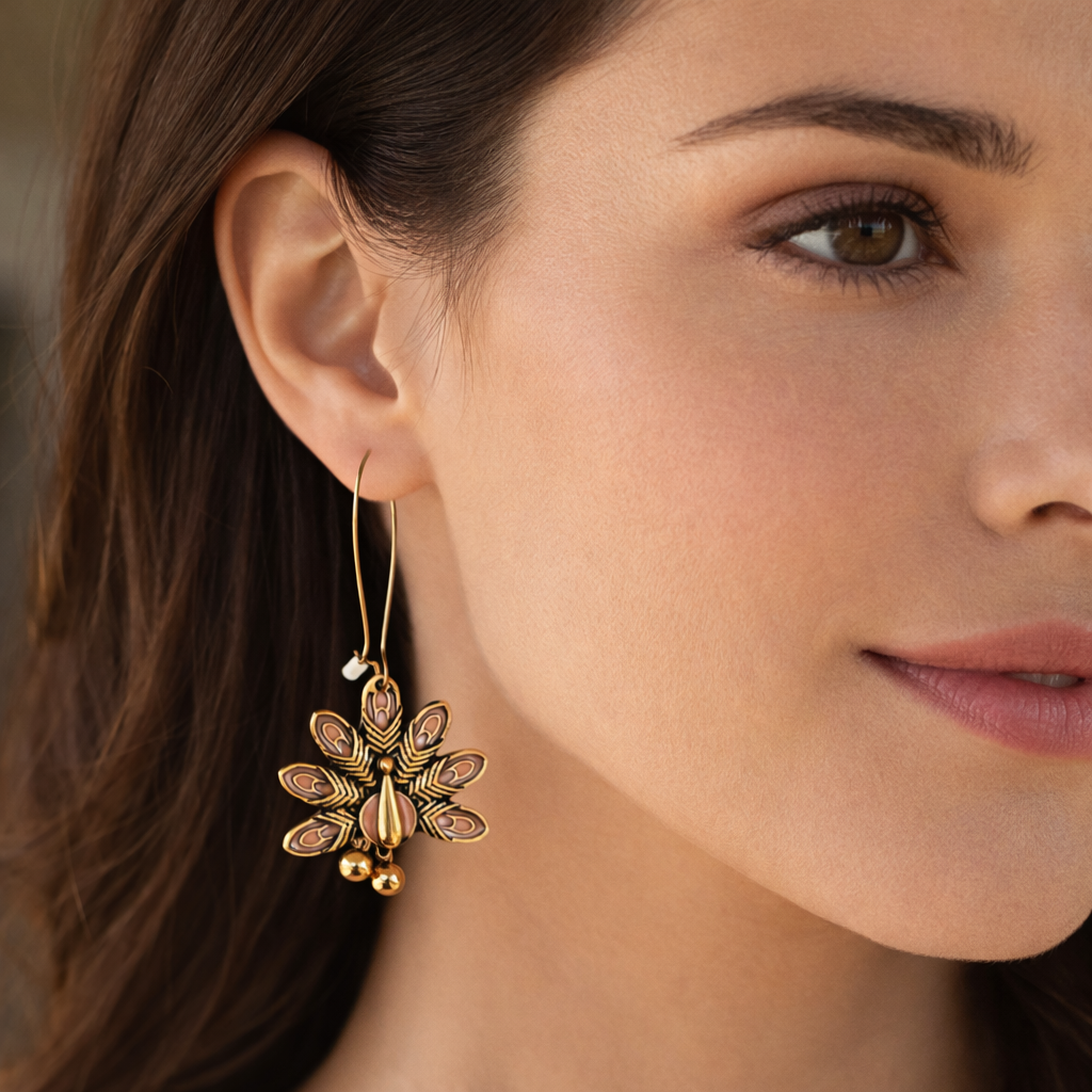 Gold-plated peacock motif hook earrings by Jinam featuring intricate antique design and elegant craftsmanship.