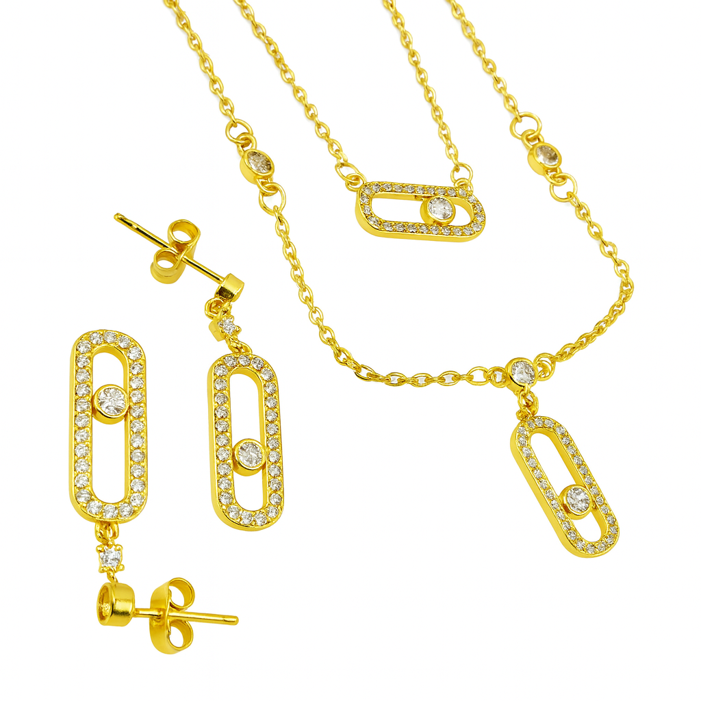 22k Gold-Plated CZ Oval Link Necklace & Earrings Set for Women | Anti-Tarnish