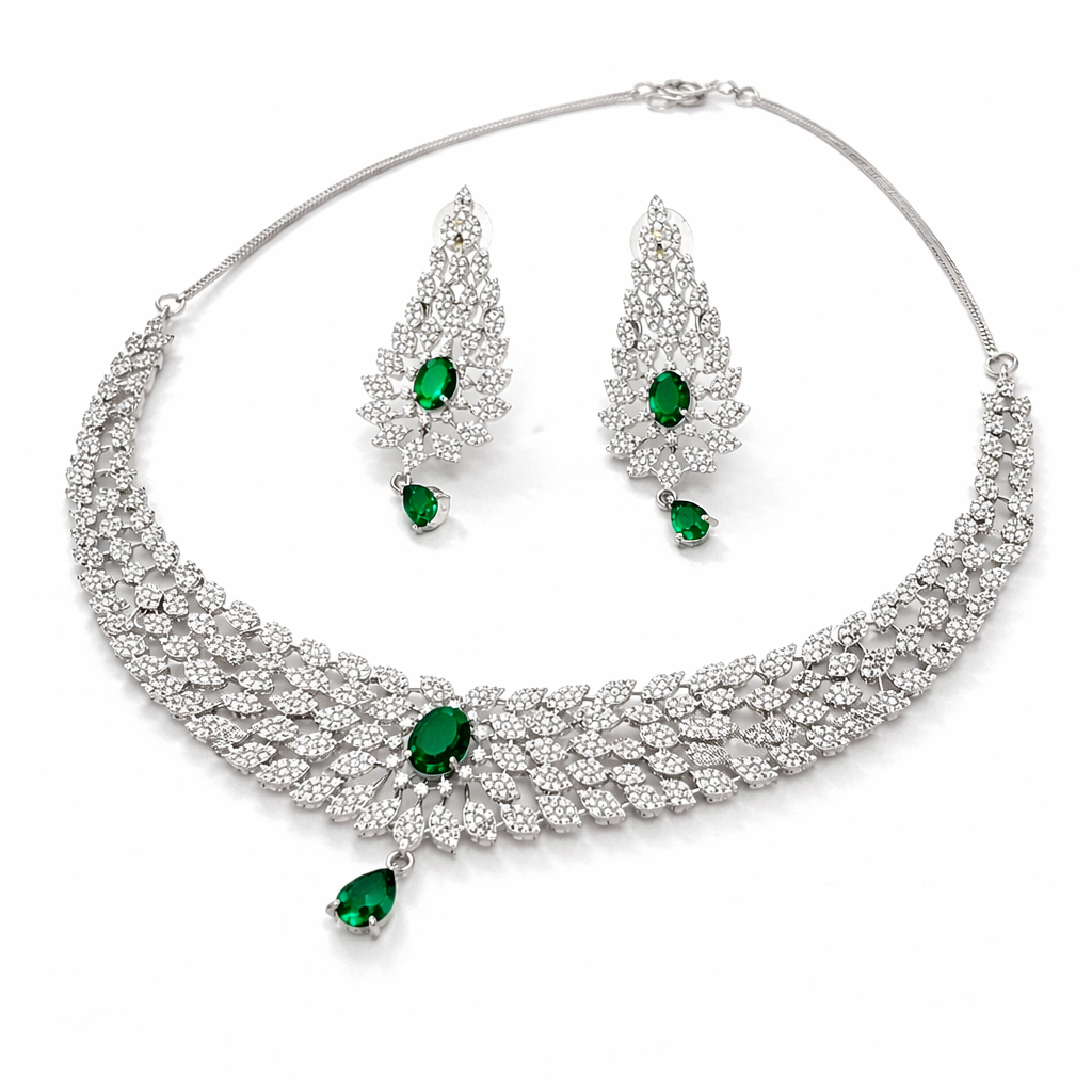 Silver Radiance Emerald AD Necklace Set
