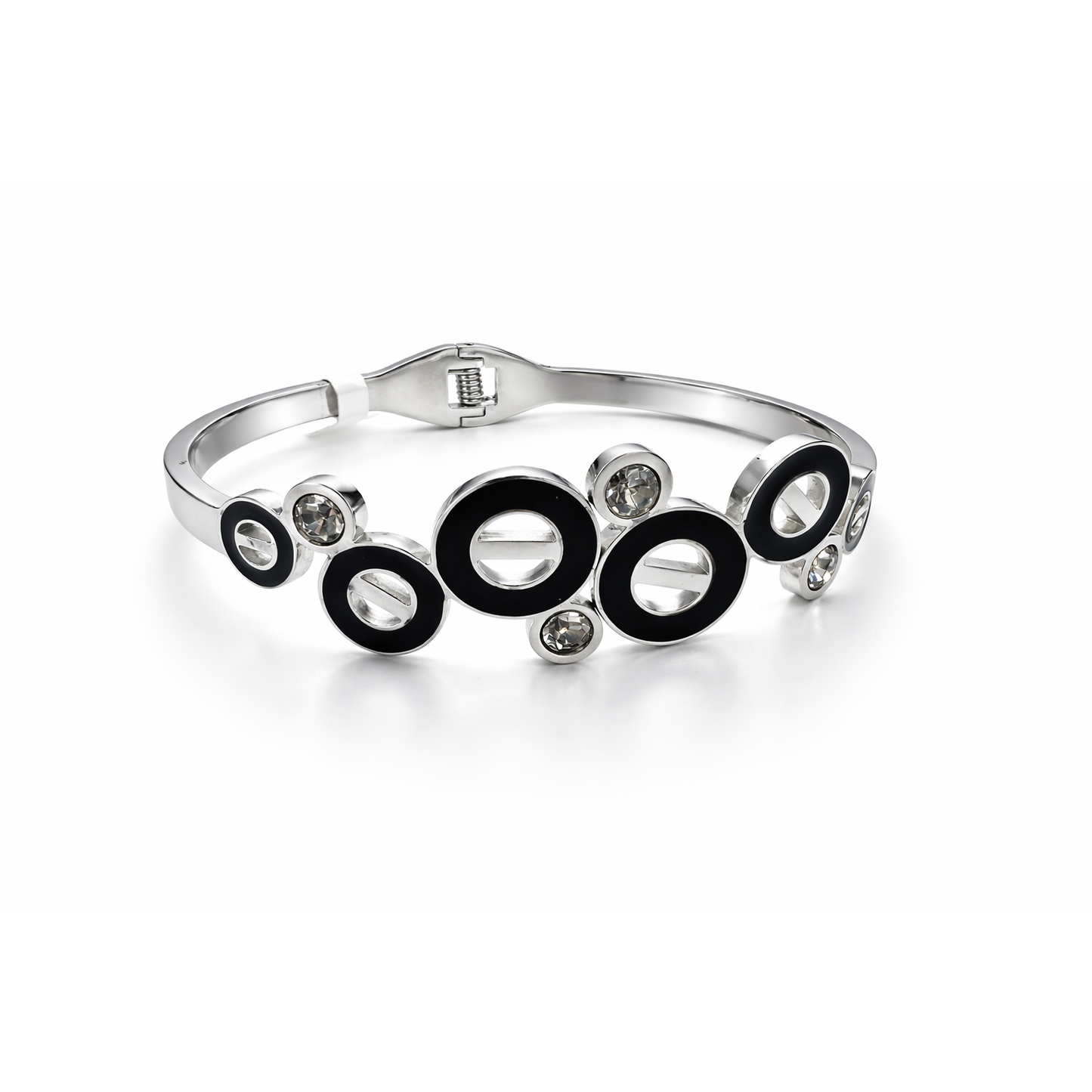 Eclipse Noir Silver Bracelet – Modern Black Enamel & Crystal Designer Cuff