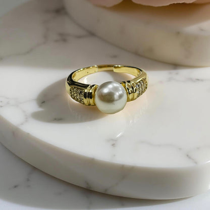 Gold-Plated Adjustable Pearl & Crystal Ring