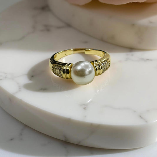 Gold-Plated Adjustable Pearl & Crystal Ring
