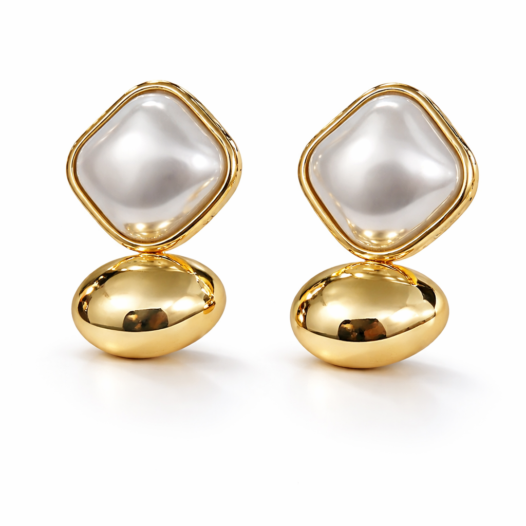 Cushion Pearl & Gold Drop Stud Earrings