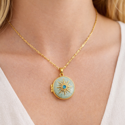 Sun Motif Enamel Gold Locket Pendant Chain