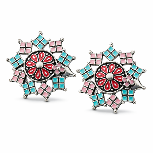 Oxidised Silver Meenakari Mandala Stud Earrings in Teal, Pink & Red Enamel