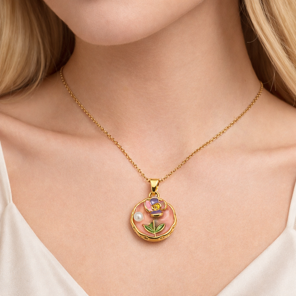Floral Pearl Enamel Gold Pendant Chain